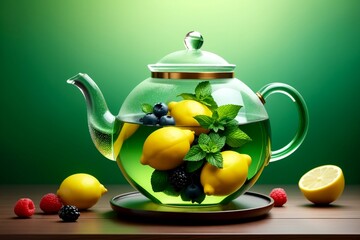 Wall Mural - fruit tea with berries and lemon in a glass teapot on a green background