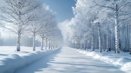 Poster -   A road, encircled by snow-laden trees, lies amidst a forest's snowy expanse Snow blankets the ground, while snow-covered trees flank