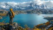  Person standing atop mountain, gazing down at lake surrounded by peaks, with clouds overhead