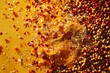 vibrant and lively setup of chili flakes and mustard seeds, Close-up of spice blend explosion; myriad hues from yellow to deep red create a textured, edible mosaic.
