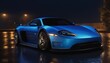 © video rost - A striking blue sports car glistens under the rain at night, showcasing its sleek design and aerodynamic build, poised on an urban road