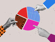 Human hands symbolizing teamwork working on a pie chart. Arms point fingers hold pieces diagram chart.