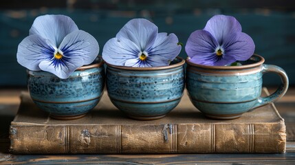 Poster -   Three blue mugs holding purple pansies are placed on a wooden table with a book