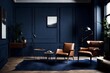 Minimalist interior featuring a luxurious leather armchair, wooden floors, and a sophisticated dark blue wall.