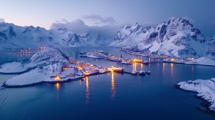 Poster -   A vast expanse of water featuring snow-capped mountains as a backdrop and a city illuminated at night