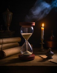  An hourglass on a dusty wooden desk, illuminated by the flickering light of a candle, surrounded by scrolls and inkwells, suggesting a late-night study in ancient times