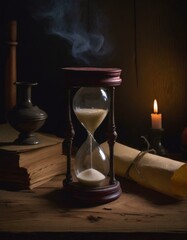  An hourglass on a dusty wooden desk, illuminated by the flickering light of a candle, surrounded by scrolls and inkwells, suggesting a late-night study in ancient times