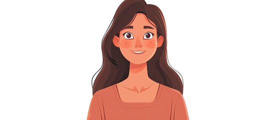 Wall Mural - A cartoon illustration of a woman with long hair smiling, displaying a happy expression on her face. Her eyes, nose, and jawline are welldefined, with a graceful gesture and a sleeve visible