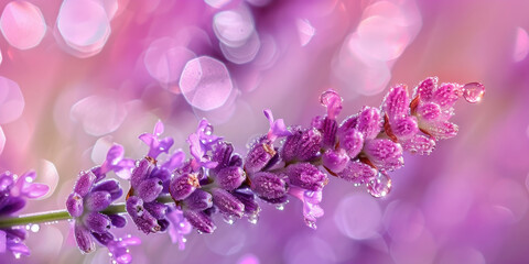 Wall Mural - Beautiful purple flowers with glistening water droplets against a soft bokeh background in nature garden setting