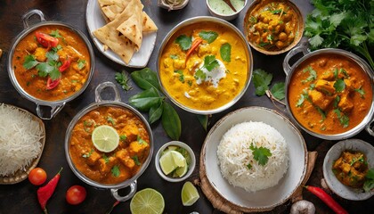 Wall Mural - Spectacular Spread: Overhead View of Assorted Indian Curry and Rice