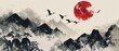 An abstract logo design with a crane bird element and a black brush stroke texture object with a Japanese background, a mountain landscape modern image and a Chinese cloud decoration modern image.