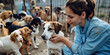© britaseifert - Female volunteer in uniform at animal shelter petting rescued dogs