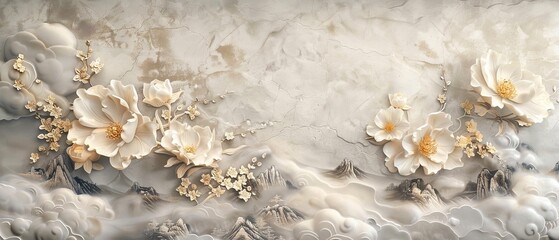 Canvas Print - Vintage Chinese cloud decorations with gold peony flowers. An abstract art landscape with hand-drawn lines.