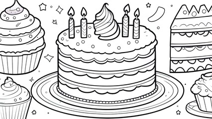 Wall Mural - A simple cake with an ornament, layers, decoration. Hand drawn illustration, black lines on white, Doodle, sketch.Cute coloring book for children.