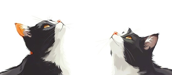 Canvas Print - Two black and white cats with sleek fur are gazing up at something on a plain white background, creating a minimalist and elegant fashion design vibe