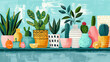 Colorful Illustrated Indoor Plants and Fruits on Shelf