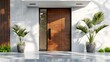 Stylish Front Entry: Wooden Door of Modern White House with Sleek Aesthetic