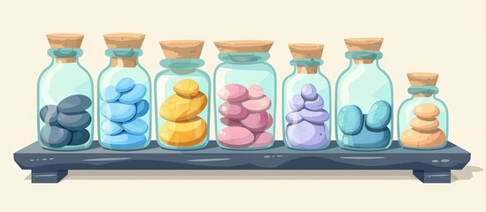 Sticker - A row of glass jars filled with various colored rocks displayed on a wooden shelf, creating a vibrant and appealing visual arrangement