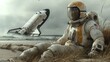 Astronaut on a deserted beach and a fallen spaceship