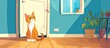 In the living room, a carnivore cat with orange fur is seated in front of a wooden door. The interior design features yellow walls, fawn flooring, and a window letting in natural light