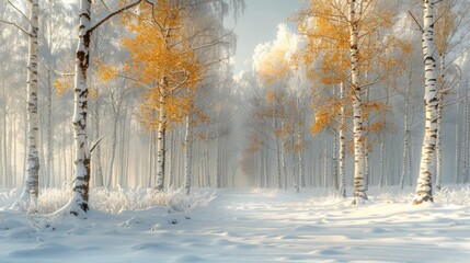 Poster -   A snow-covered forest painting featuring yellow trees in the foreground and pristine white snow blanketing the landscape