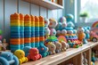 Shelf filled with toys on wooden table