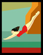 A stylized depiction of a female diver in midair presents her in a pose of outstretched arms and legs as she plunges toward the water. She wears a red swimsuit with her hair styled back, and the backg