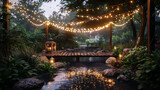 Fototapeta Motyle - Optic white fairy lights over watersaving garden, twilight, enchanting glow