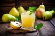 A sweet and nutritious glass of apple pear juice garnished with a pear slice on a sunny morning