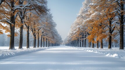 Poster -   Snowy road amidst orange-leafed trees