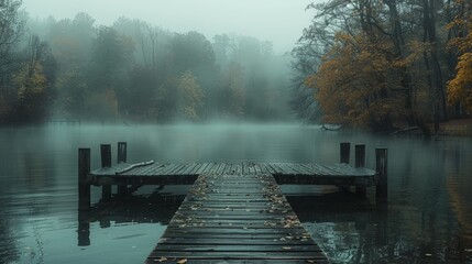 Poster -   Dock in lake amidst forest with numerous trees on foggy day