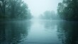   A boat floats amidst a foggy forest, framed by towering trees, on an expansive body of water