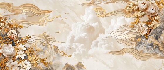 Wall Mural - This image contains a Japanese background with floral gold texture modern. Peony flower, hand drawn waves and chinese clouds in a vintage style. Crane birds element and abstract banner design