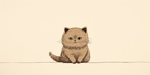 Sticker - A simple illustration of a sitting fluffy kitten. Pet vintage sketch in brown and beige colors.