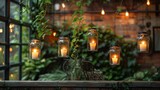 Fototapeta Tulipany -   A line of lit candles in mason jars hangs in front of a brick wall