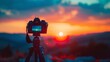 Camera tripod and sunset minimalist horizon