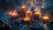   A group of glowing candles placed atop a pile of stones amidst a nighttime setting