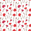 Carnation, flowers and leaves seamless pattern, vector sketch illustration, hand drawn, black outline