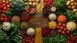 © Olga - A wooden table topped with various fruits and vegetables, accompanied by bowls of pasta and vegetables