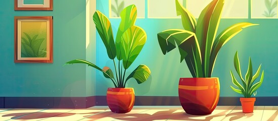 Wall Mural - Two houseplants are displayed on a wooden floor in a room, adding a touch of green to the interior design. The plants are in flowerpots