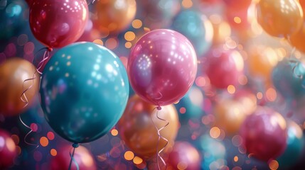   A group of balloons floating in the sky against a background with a blurred dot pattern