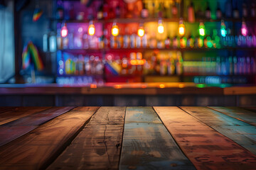 miami bar background with empty wooden table for product display indoor blurred background colorful rainbow color bokeh lights copy space lgbt pride rainbow flag symbol gays and lesbians lgbtl