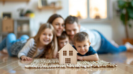 Little wooden house on floor of cozy room with happy family looking at the house in background