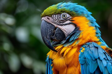 Wall Mural - The close-up of a Macaw parrot showcases its vibrant blue and yellow feathers and intricate facial textures
