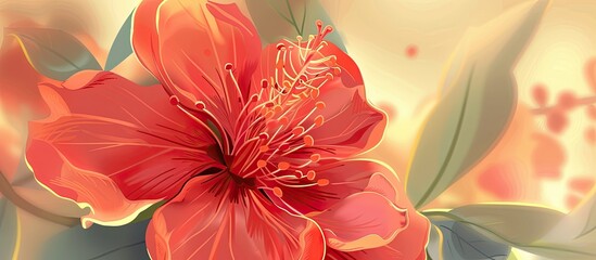 Poster - Blooming in vivid red hues, a flower embellished with fresh green leaves captures nature's beauty