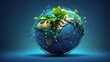 Earth's globe with one abstract sprouting plant. Sustainable Development Concept with an Eco-Friendly and Blue Futuristic Background. Vector illustration in low poly with glowing connected dots