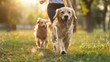 Golden retriever dog is running with the owner, a happy, smile woman happily in the morning sunrise.	