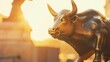 Bull statue with rising stock charts, golden hour light, side angle, symbol of growth no splash