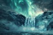 Photorealistic image of a frozen waterfall, vibrant aurora in background, unique view ,3DCG,high resulution,clean sharp focus