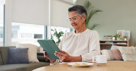 Poster - Mature, woman and tablet in home with smile, technology for search or online streaming. Social media, reading with glasses in living room or internet chat, blog or website post with news update